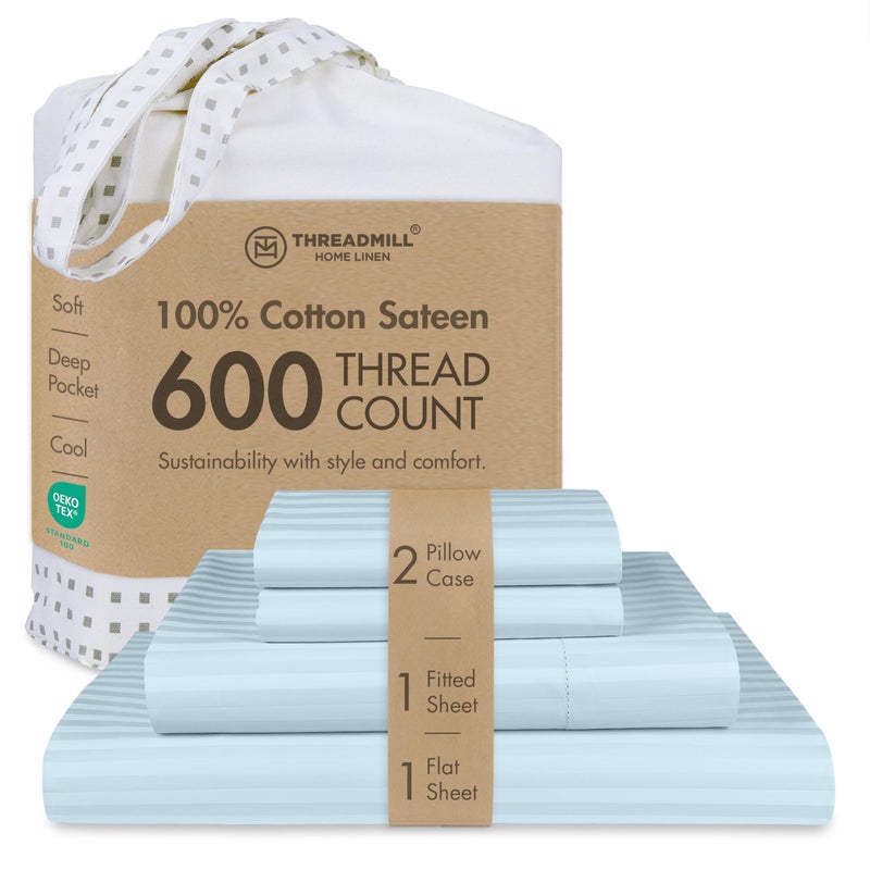 Threadmill 100% Cotton Sheets for King Size Bed - 600 Thread Count King Bed Sheets Set with 16â€ Deep Pocket - Damask Stripe Sateen Weave 4-Piece Bedding Set with Cooling Effect, Blue - Image 1